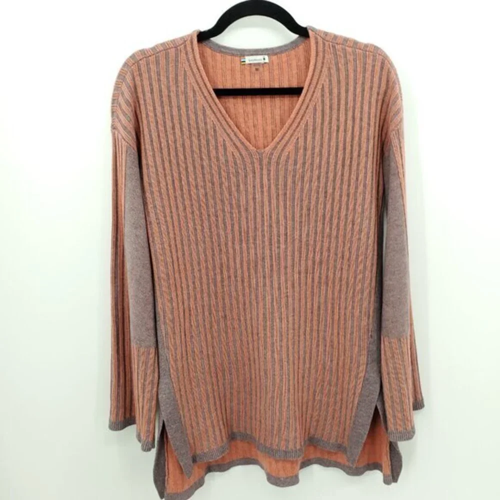 Smartwool Shadow Pine V-Neck Rib Sweater M Sparrow Heather/Sunset Coral Heather